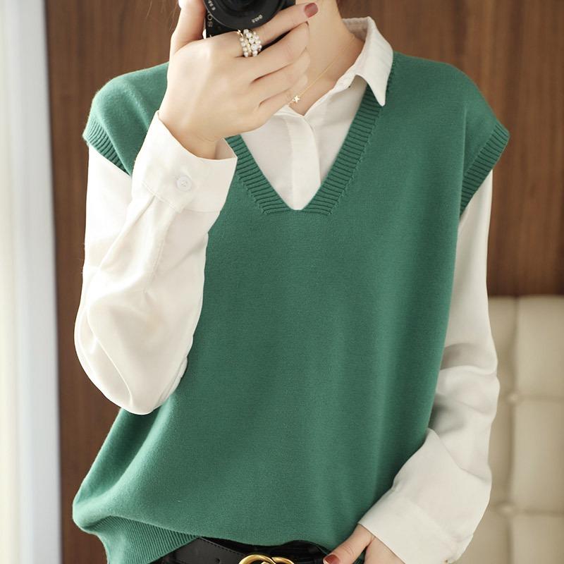 Women S V Neck Solid Color Loose Fit Pullover Knit Vest