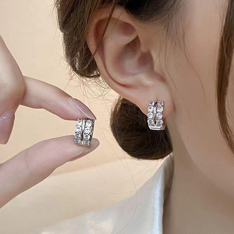 Korean Simple Double Zircon Copper Metal Hoop Earrings For Woman Exquisite Small Circle Earring Ladies Party Accessories