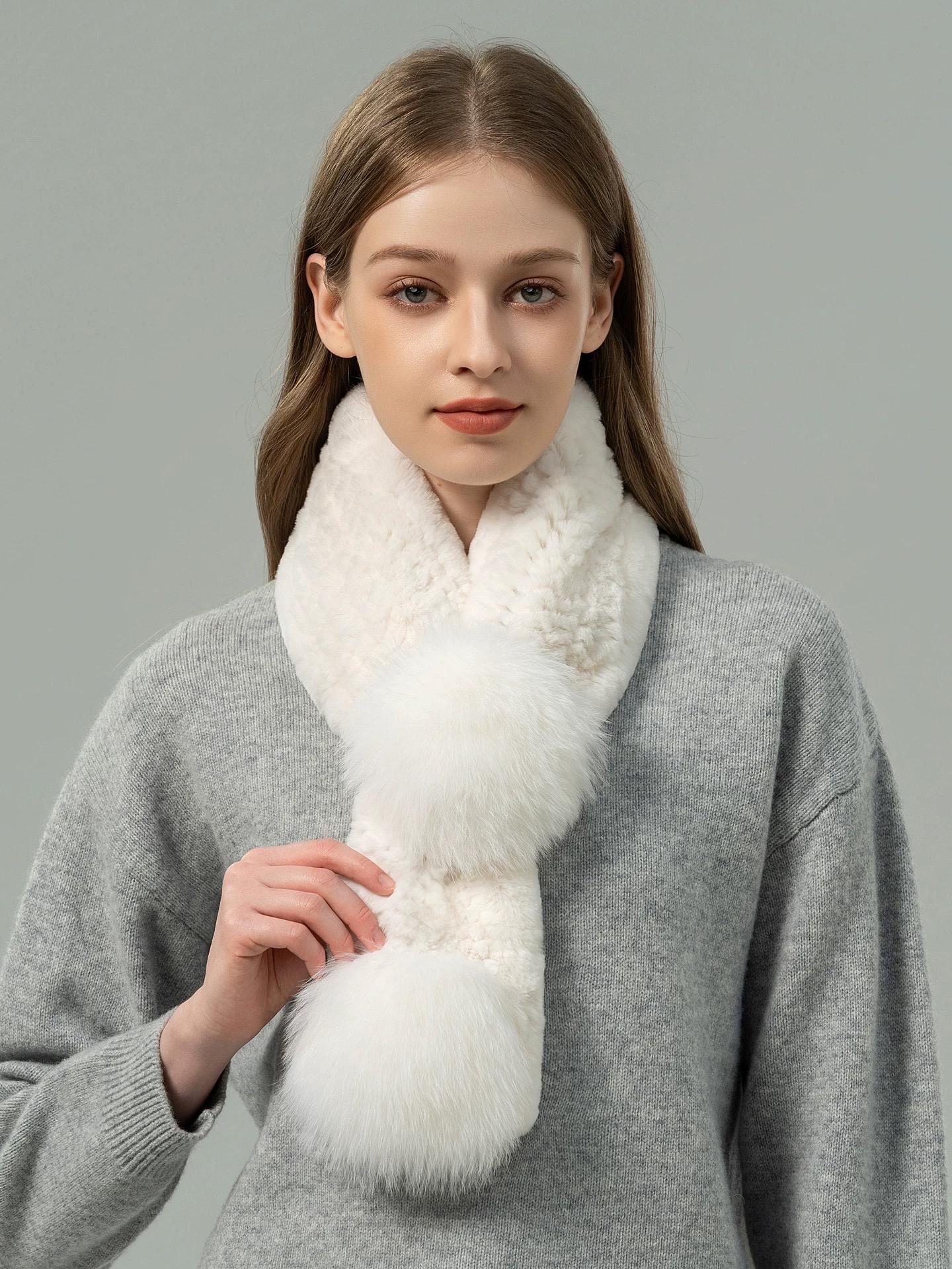 Factory Direct Hot Selling Women s Rex Rabbit Fur Scarf Solid White Fall Winter Collection Breathable Casual Fur Ball белый