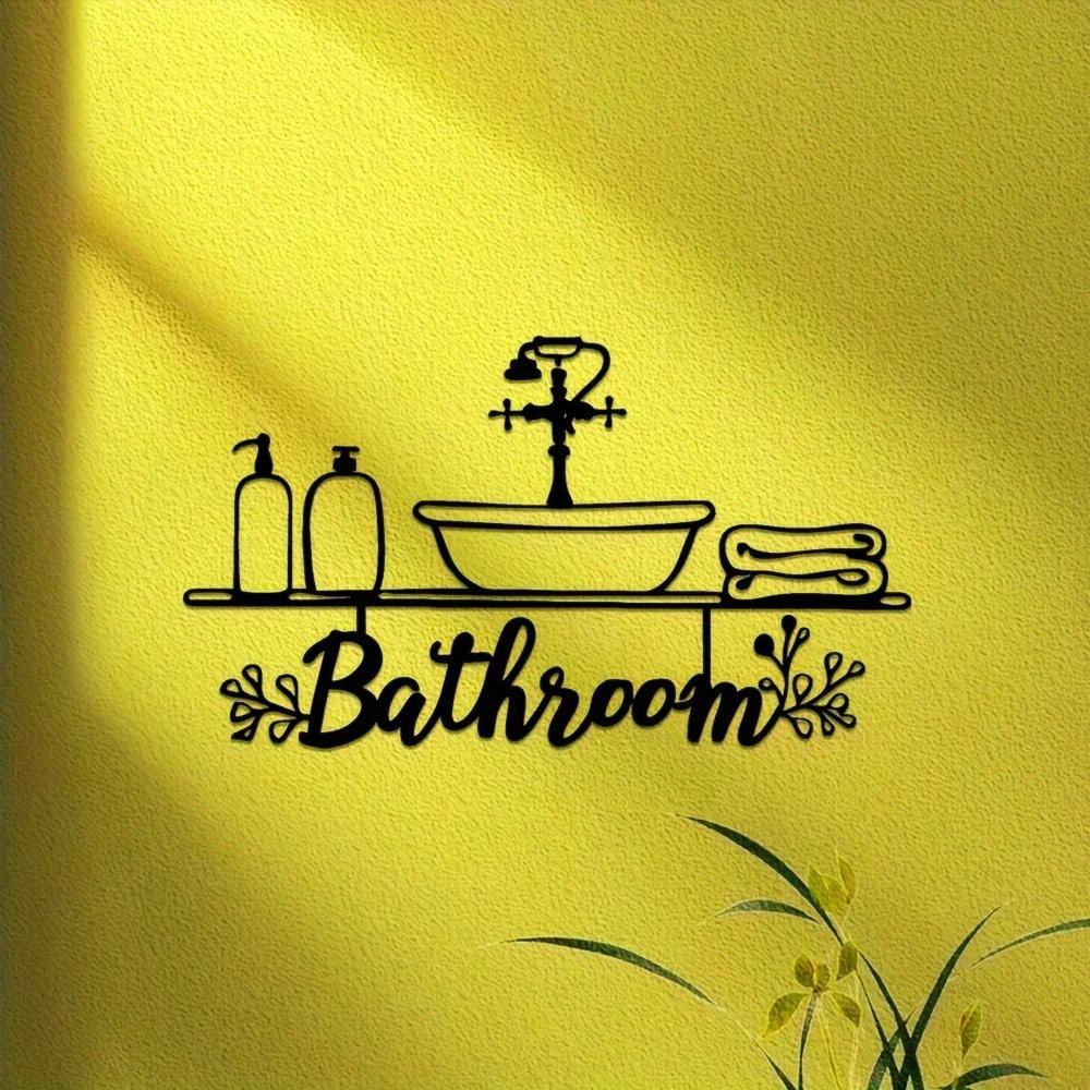 Black Iron Wall Art Sign Metal Bathroom Decor with Tub Toilet Towel Design