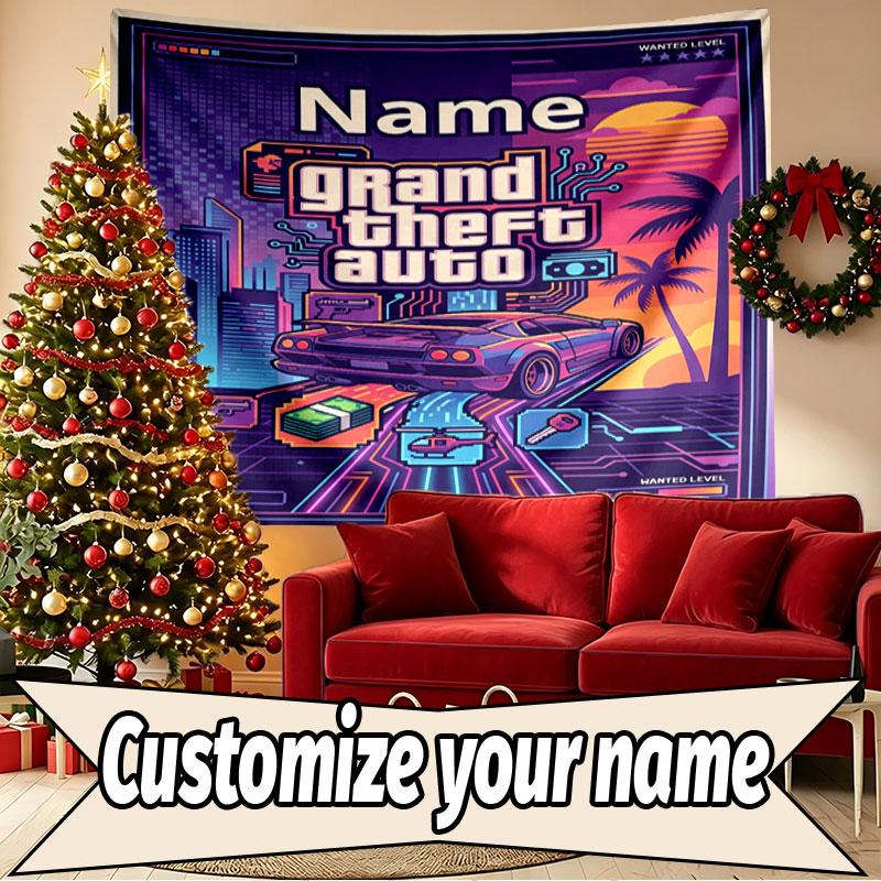 Custom Name Personalized Grand Theft Auto Print Tapestry, Wall Art Decor, Bedroom, Dorm, Apartment, LivingRoom, Party Backdrop, Gift for Birthday