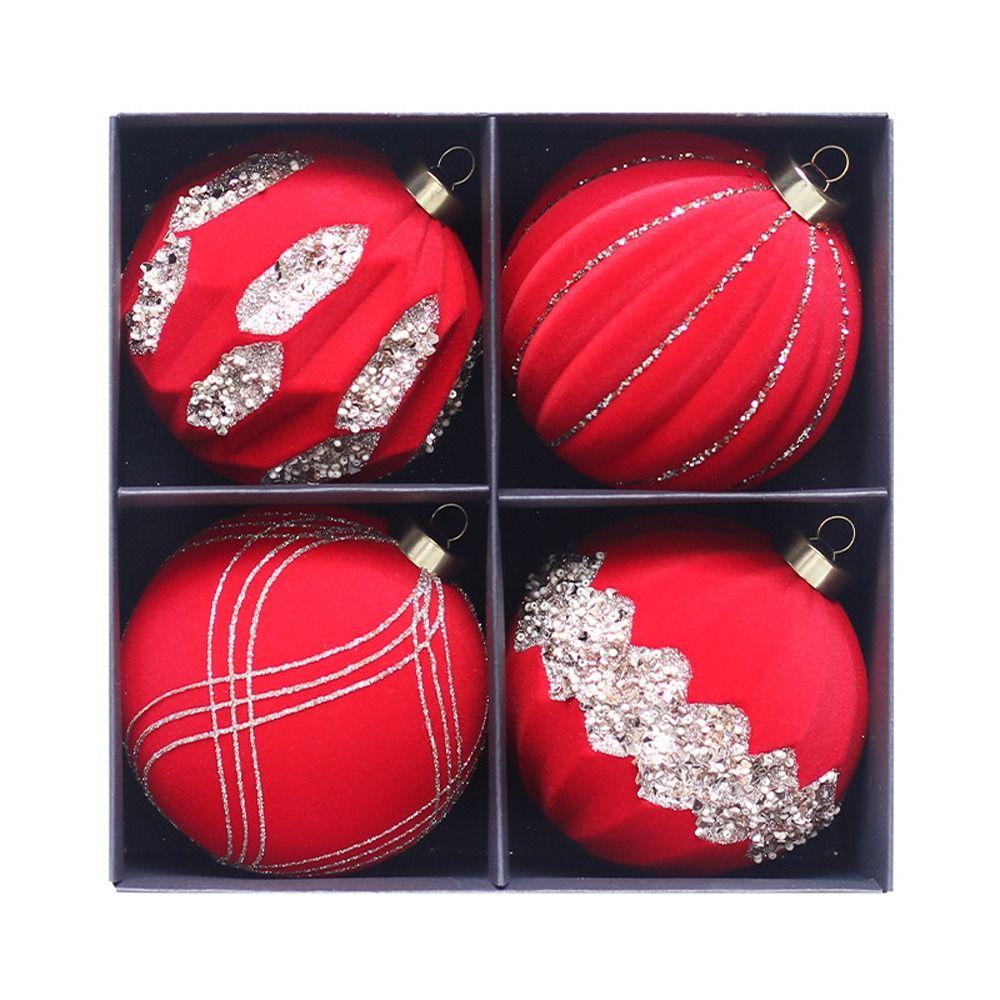 

Набор из 4 расписных флокированных рождественских шаров 10 см, елочные украшения, детские подарки красный