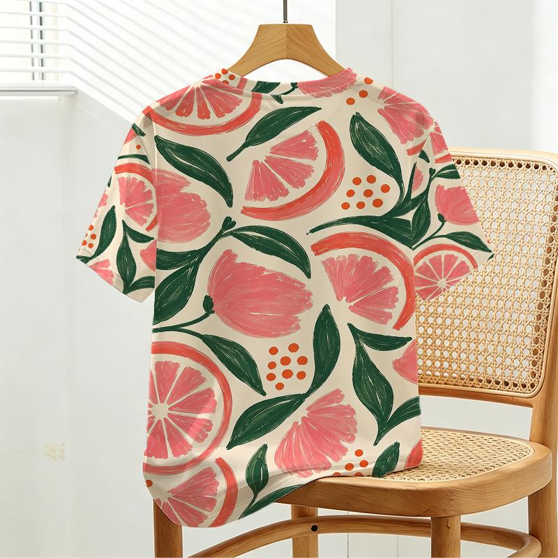 Women's Short Sleeve T-Shirt,American Basic Style,Breathable Soft Cotton,Fresh Fruit Print,Casual Tee for Daily Outings,Vacation & Everyday Wear