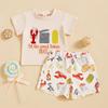 Kids Summer Outfit, Short Sleeve Crew Neck Embroidery T-shirt with Lobster Print Shorts Clothing Set