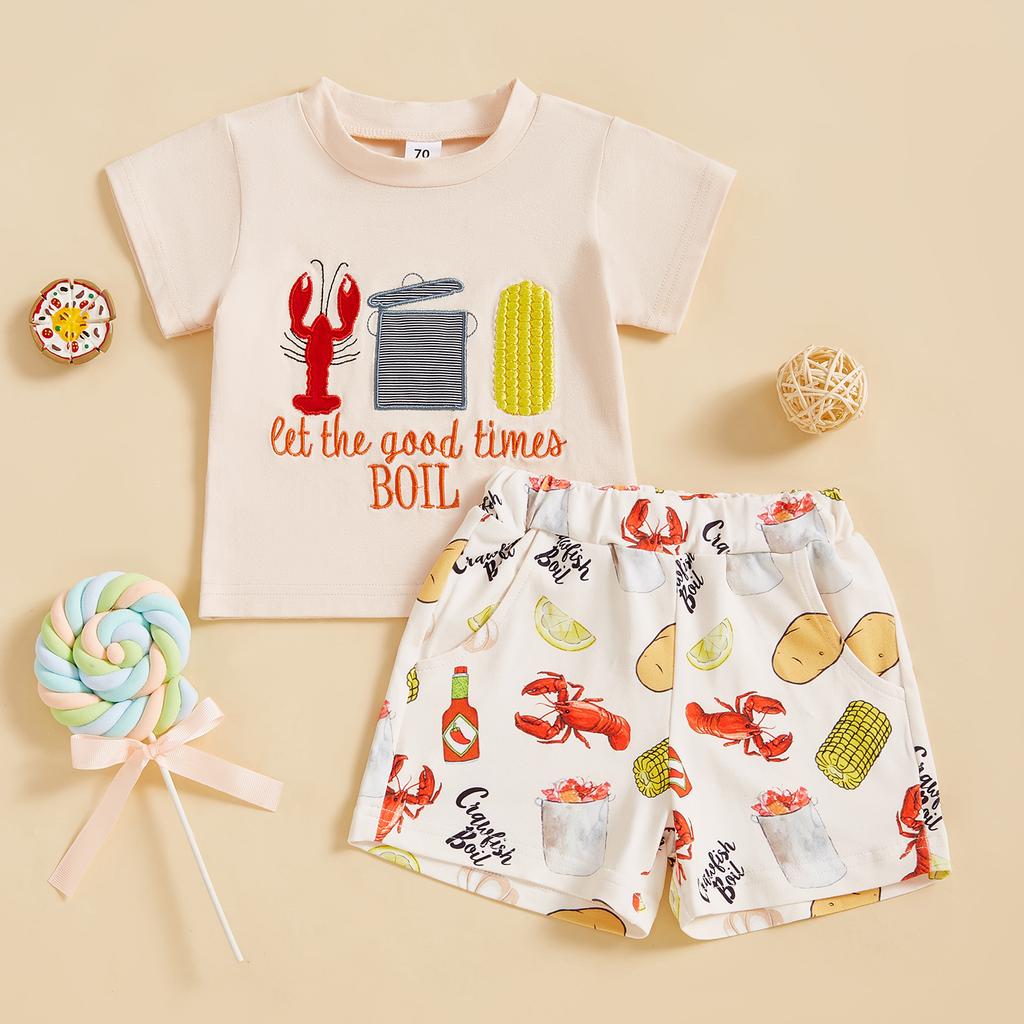 Kids Summer Outfit, Short Sleeve Crew Neck Embroidery T-shirt with Lobster Print Shorts Clothing Set