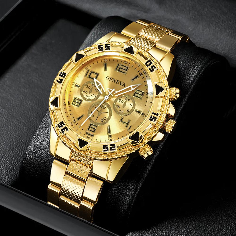 4pcs/set Men's Watches Fashion Arabic Dial Steel Band Quartz Watch Set