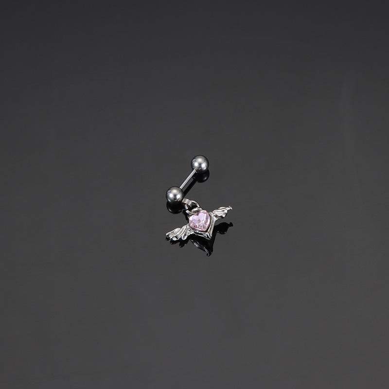 Zircon Heart-shaped Ear Barbell with Sweet and Cool Chain Wings Earrings, Titanium Steel Little Angel Wings Stud Earrings Pink wings - 1 pair