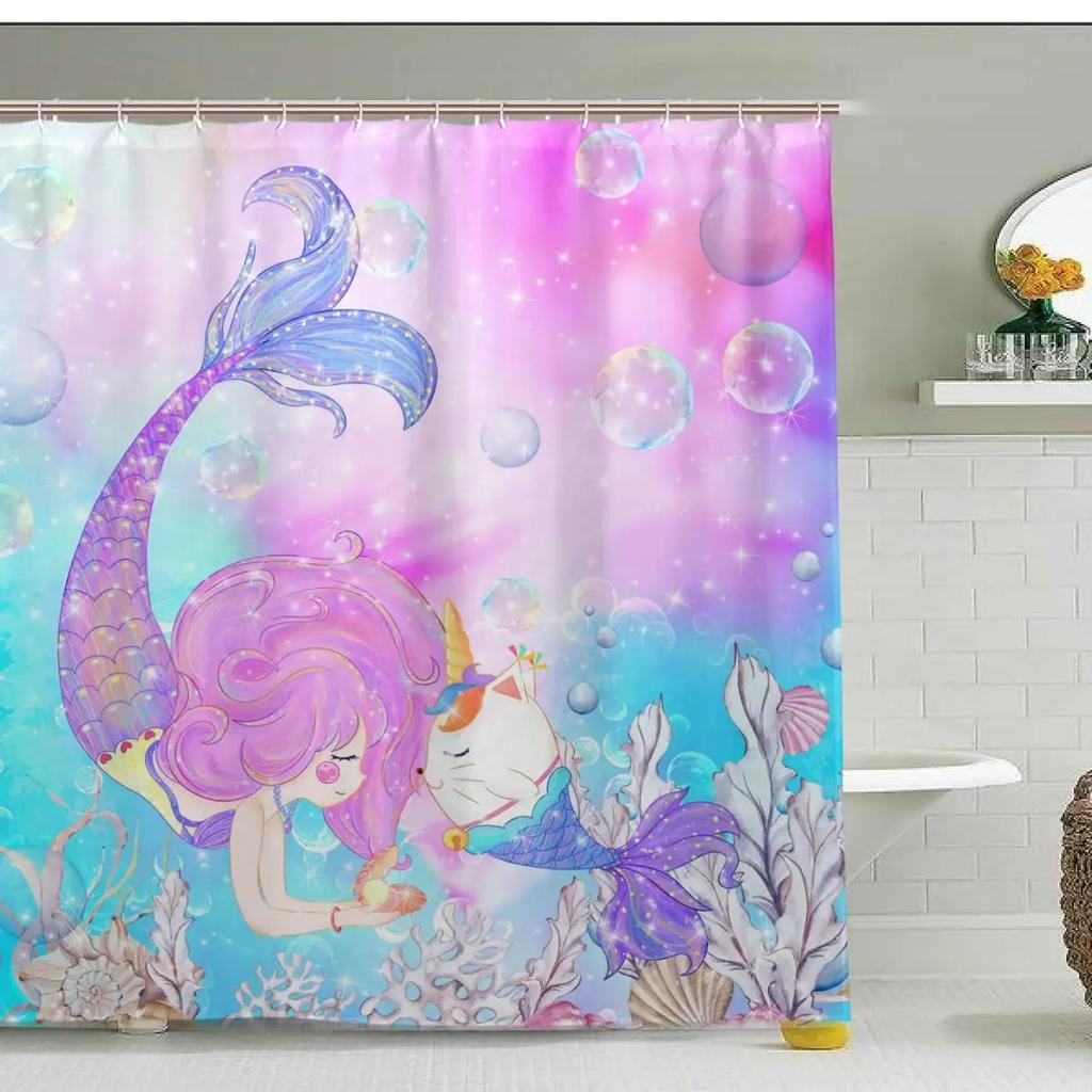 Mermaid Shower Curtain Tail Fish Girls Kids Cartoon Ocean Heart Colorful Purple Hair Seaweed Bath Decor with Hooks Waterproof