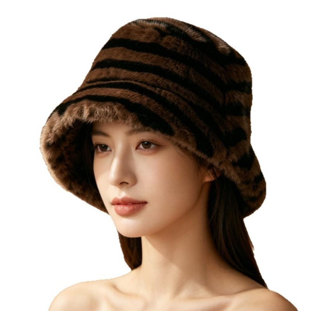 Fluffy Striped Fisherman Hat Zebra Pattern Bonnet Cap Warm Basin Hat