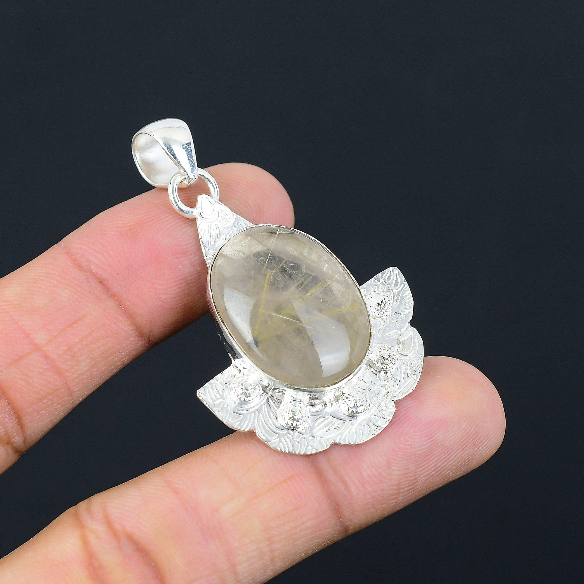 925 Sterling Silver Golden Rutile Stone Art Deco Sister Unique Elegant Pendant