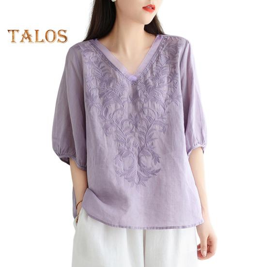 Women Summer Tops V-neck Half Sleeve Embroidery Pattern Pullover Tops Solid Color Loose Fit Commuting Style Tops