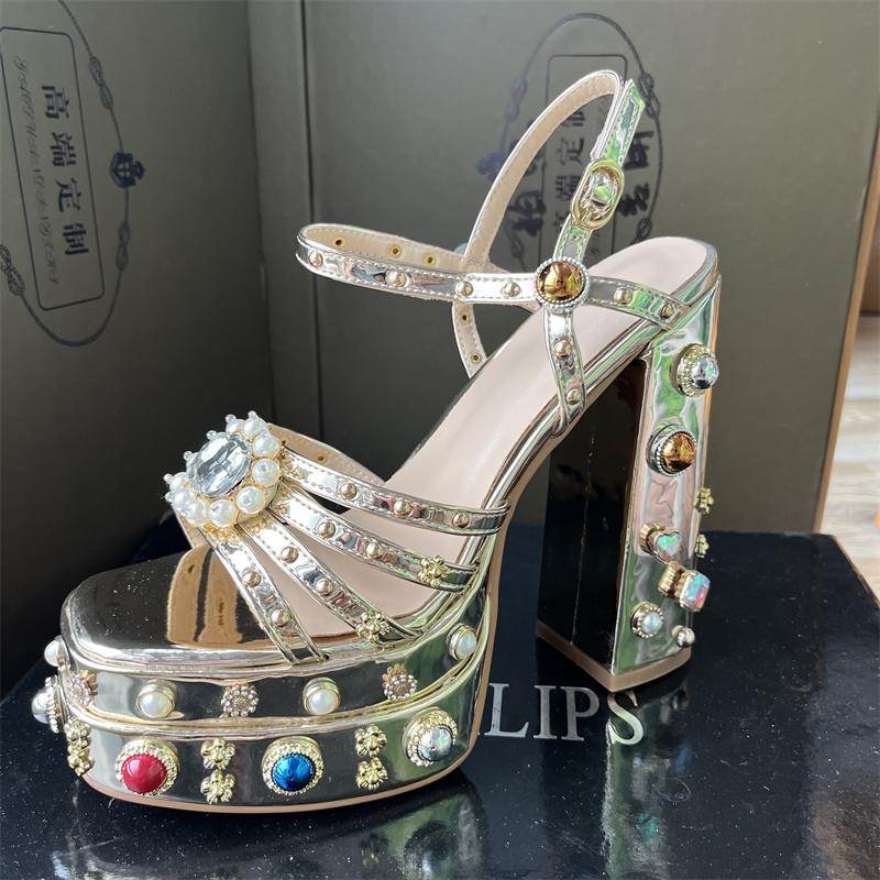 Móda 2024 Letní Saténové Sandály s Drahokamy z Kamínků 14,5cm Vysoký Podpatek Otevřená Špička Silný Podpatek Platforma Lesklé Dámské Boty na Vysokém Podpatku Velikost 34-43