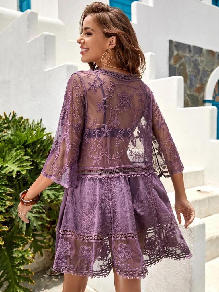 Stylish V-Neck Lace Embroidered Bikini Cover-up with Sun Protection