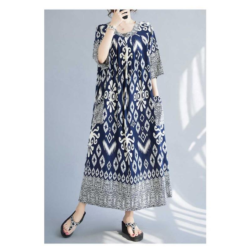 Summer New Temperament V-neck Mid-length Dress Retro Printing Loose Dresses