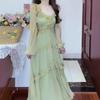 2026 Spring/Summer Trend: French Resort Style Green Chiffon Lace Long Dress