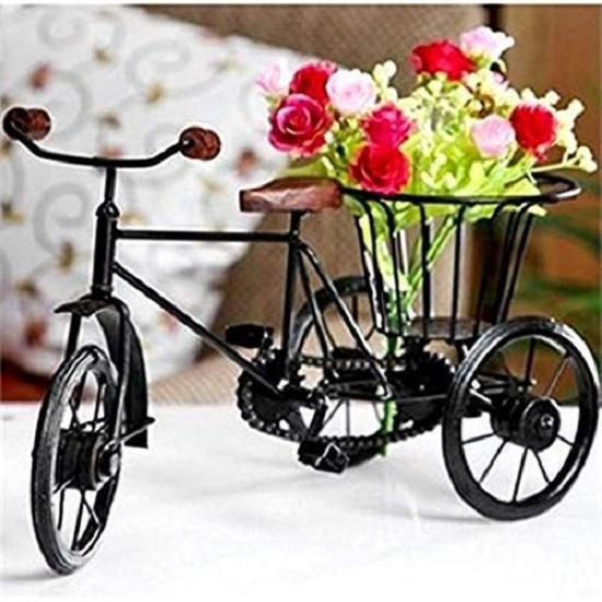 Iron Wrought Miniature Rickshaw Showpiece Antique Cycle with Flower Basket Vase for Decoration (10 X 7 Inch, Black)