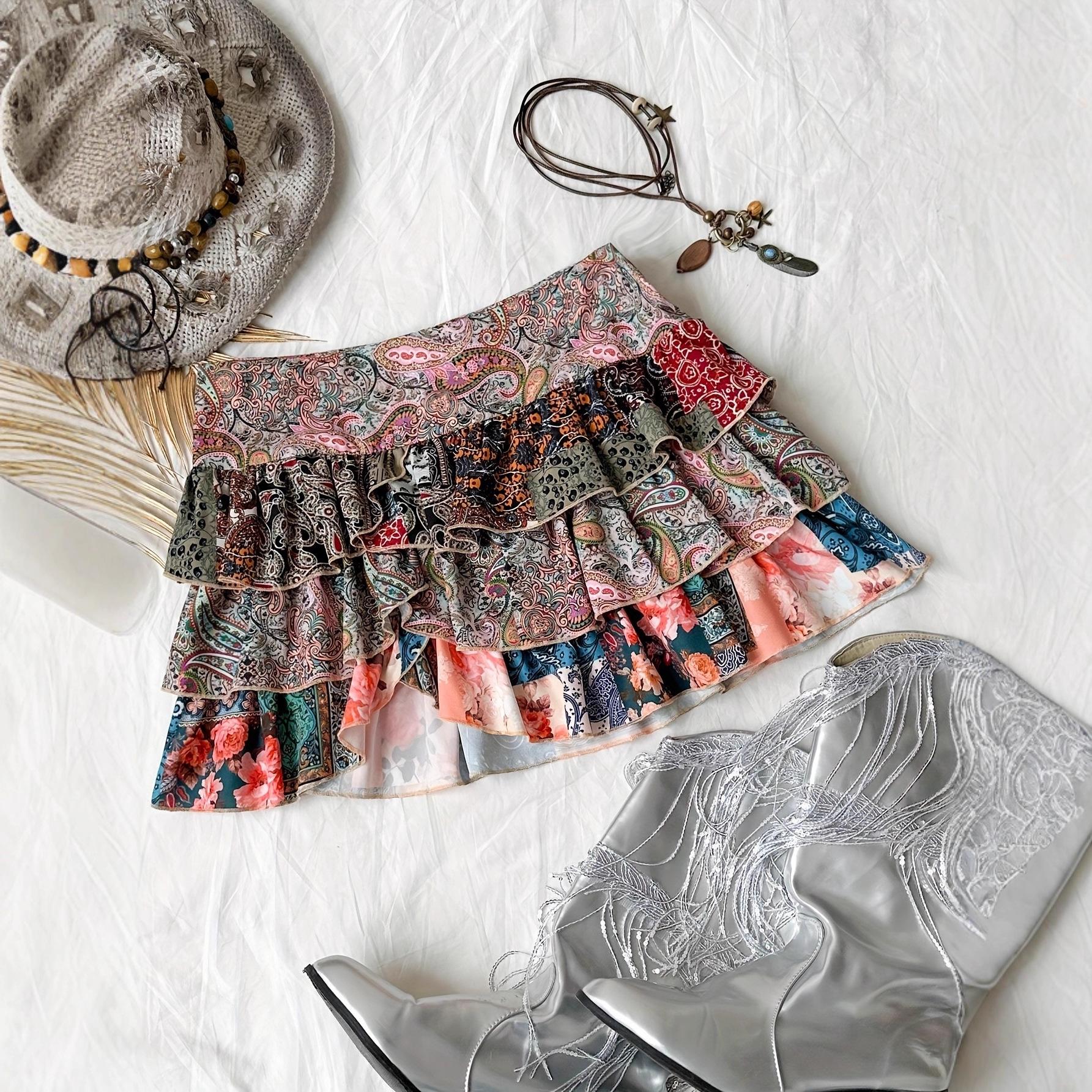 Bohemian Retro Paisley Color Block Party Skirt Small