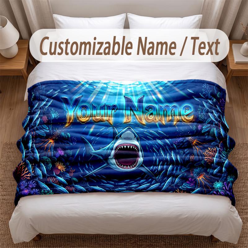 Fish Ocean Theme Soft Blanket Personalized Custom Name Text Print Warm Blanket Home Sofa Bedroom Decor