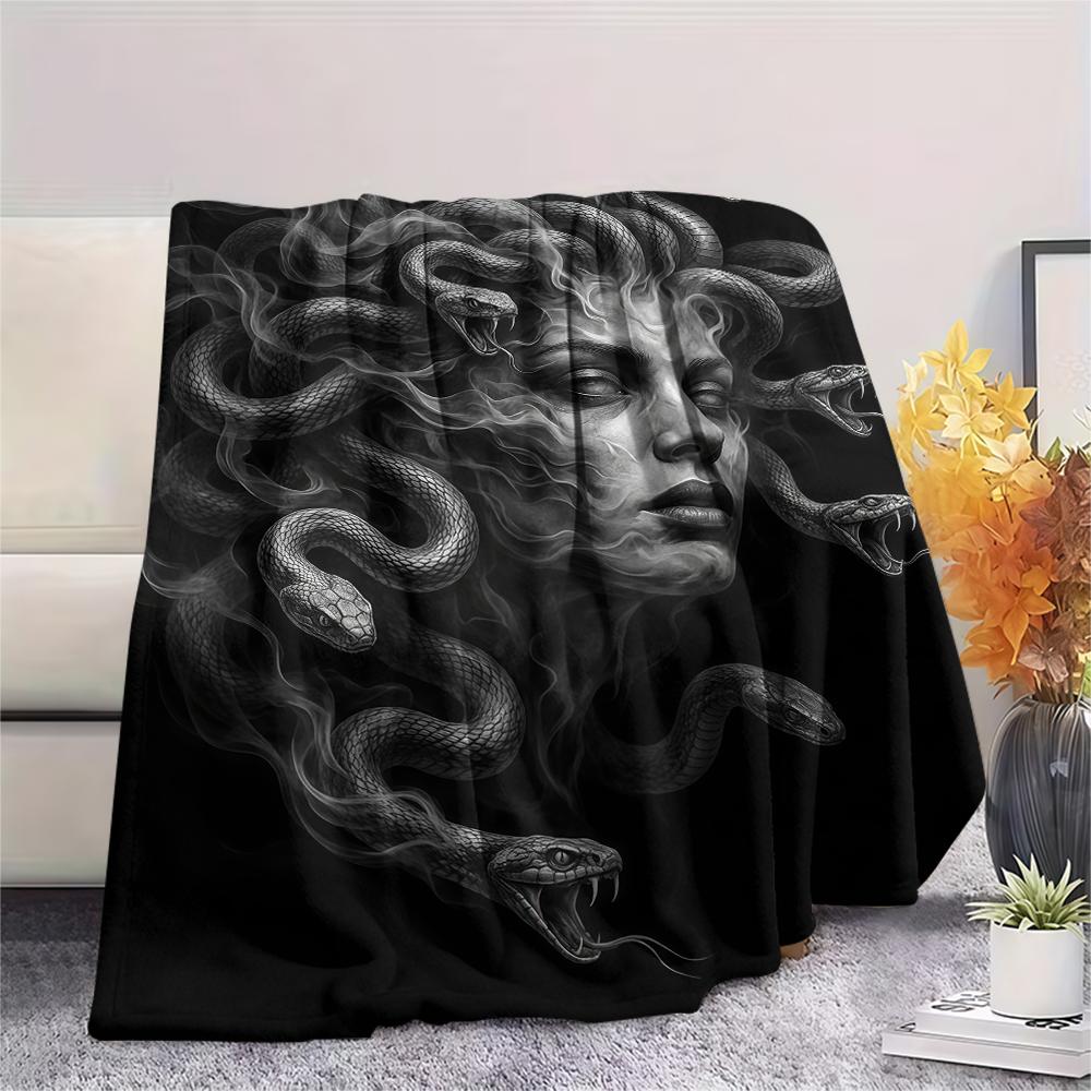 Dark Cupid Medusa Wolf Skull Print Flannel Blanket,High quality Comfortable for All Seasons,Home Decor,Warmth and Comfort,Perfect for Christmas Gifts