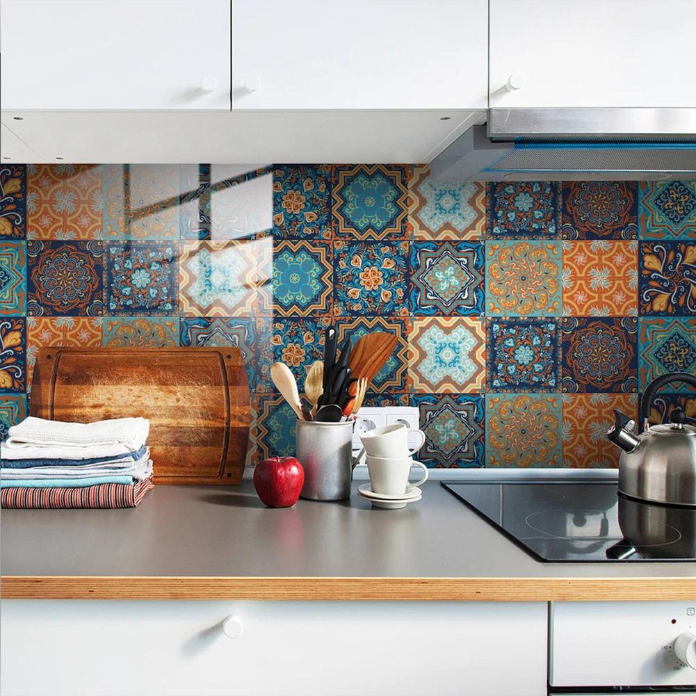 10pcs Wall Sticker Wallpaper Self Adhesive PVC Wall Stickers DIY Tile Bathroom Kitchen Removable Mandala Decal Retro Decoration