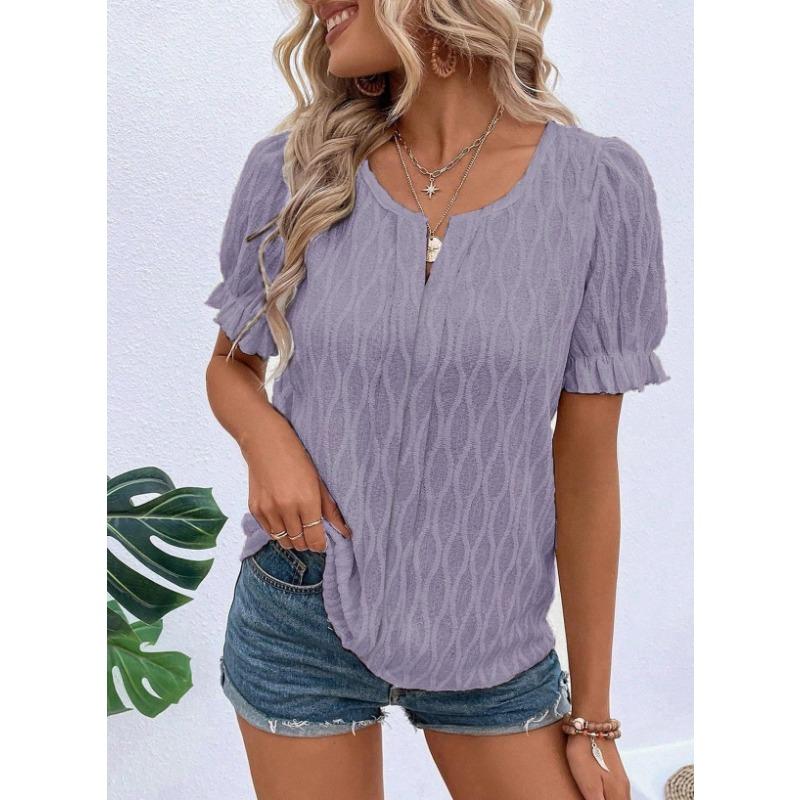 Spring and Summer New Style V-neck T-shirt Puff Sleeves Jacquard Women's Casual Loose Short-sleeved Women's Clothing