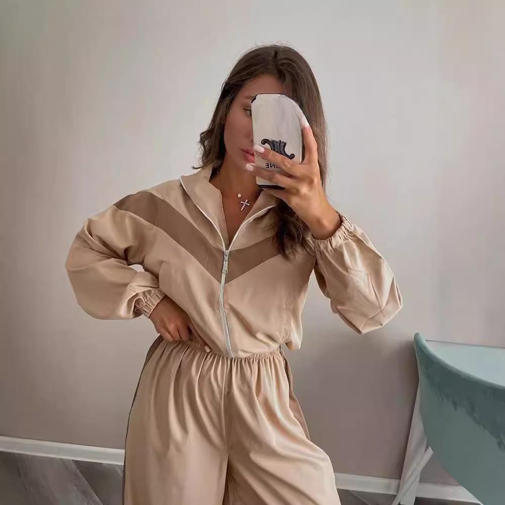 Women's Black White Zip-Up Track Suit Set with Wide Leg Pants, Casual Sportswear Two Piece Outfit