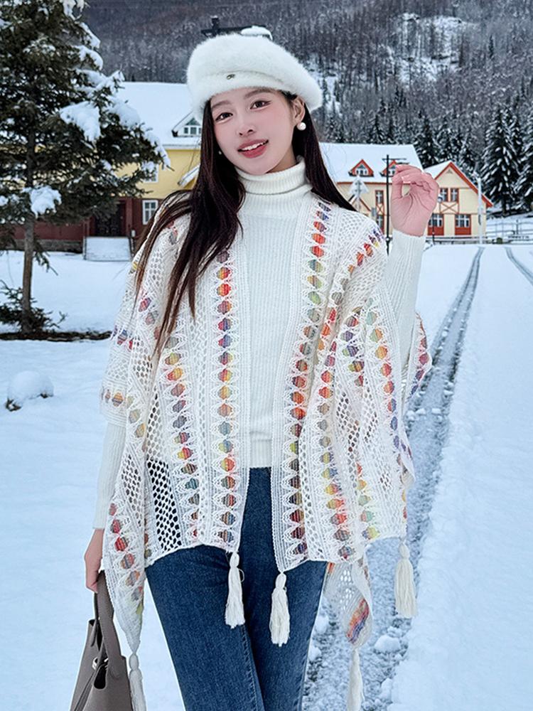 Knitted Winter Scarf Women Ladies Layers Poncho Rainbow Striped Hollow Wraps Shawl Casual Warm Scarve Capa Para Pashmina Cloak