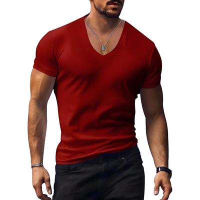 Mechieng Men's Training T-Shirt, Short Sleeve, V-Neck, Quick-Drying, Stretch, Muscle Training Shirt, Fitness, Wine Red, Size 2XL