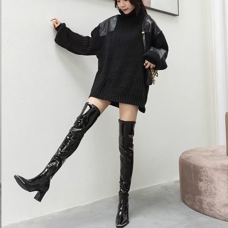 Sleek Kendall Jenner Patent Leather Thigh-High Boots - Autumn/Winter Collection with Elastic High Heels and Plus Velvet Finish