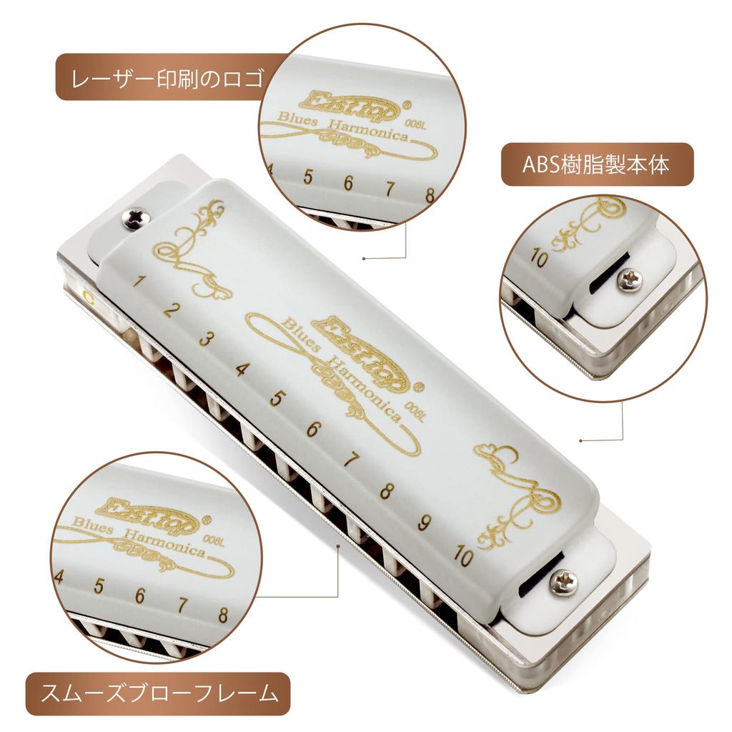 East Top Blues Harmonica In Bb 20 Brass Canvas and Cleaning Professional Diatonic Harmonica 10-Hole Key, Tones, Cover, Case, Cloth, (T008L-Bb-gm)