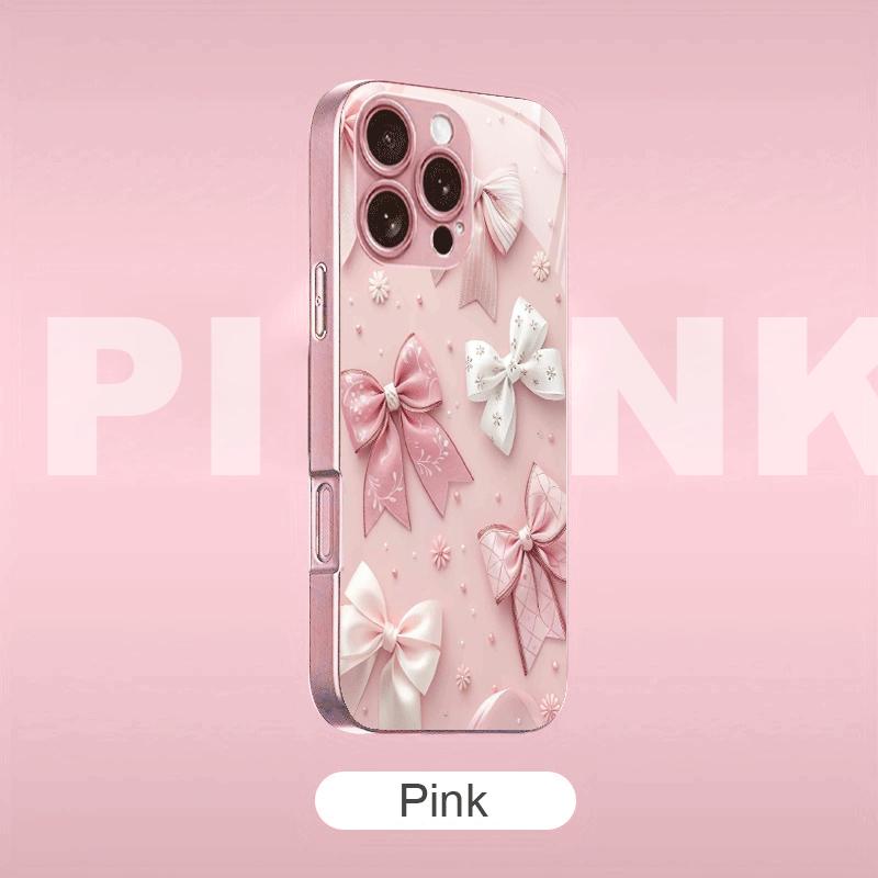 Pink Bow Design Tempered Glass Phone Case Suitable for iPhone17 16 15 14 13 12 11Pro/Max/Plus Anti Drop and Shockproof Backcover