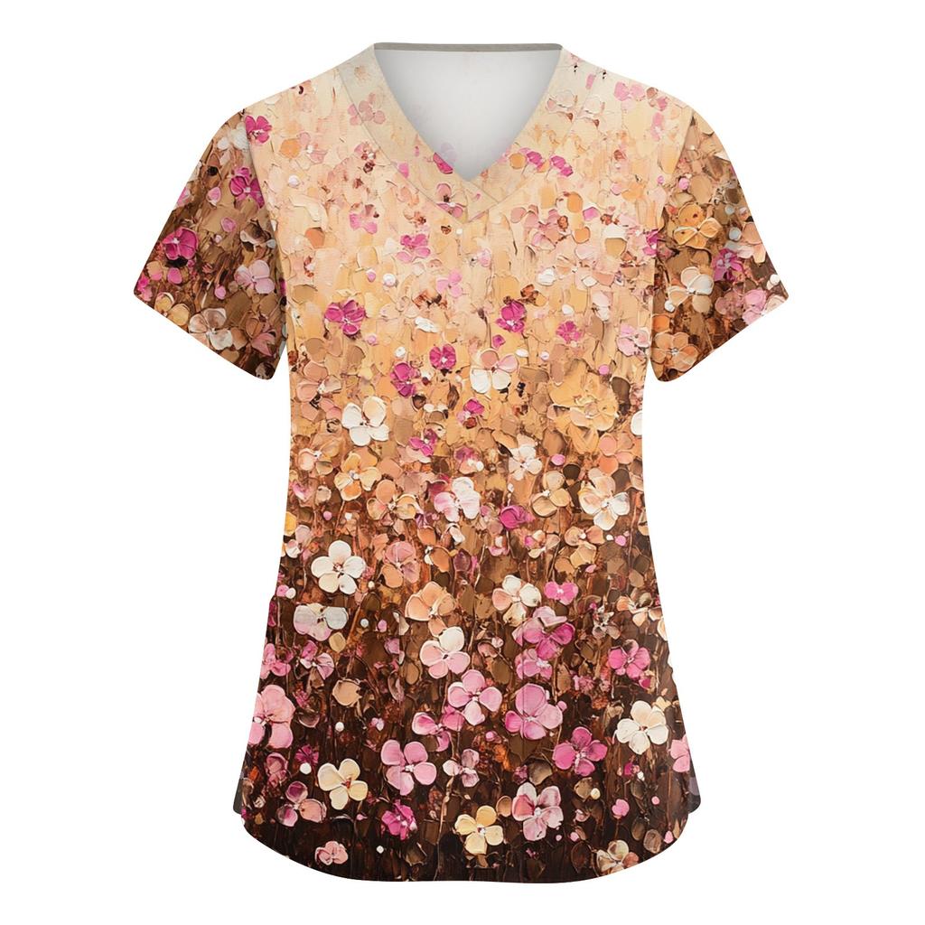 Damen Modische V-Ausschnitt Arbeitskleidung Bedruckt Kurzärmlig Tasche Seitenschlitz Arbeitskleidung Basic Pullover Top