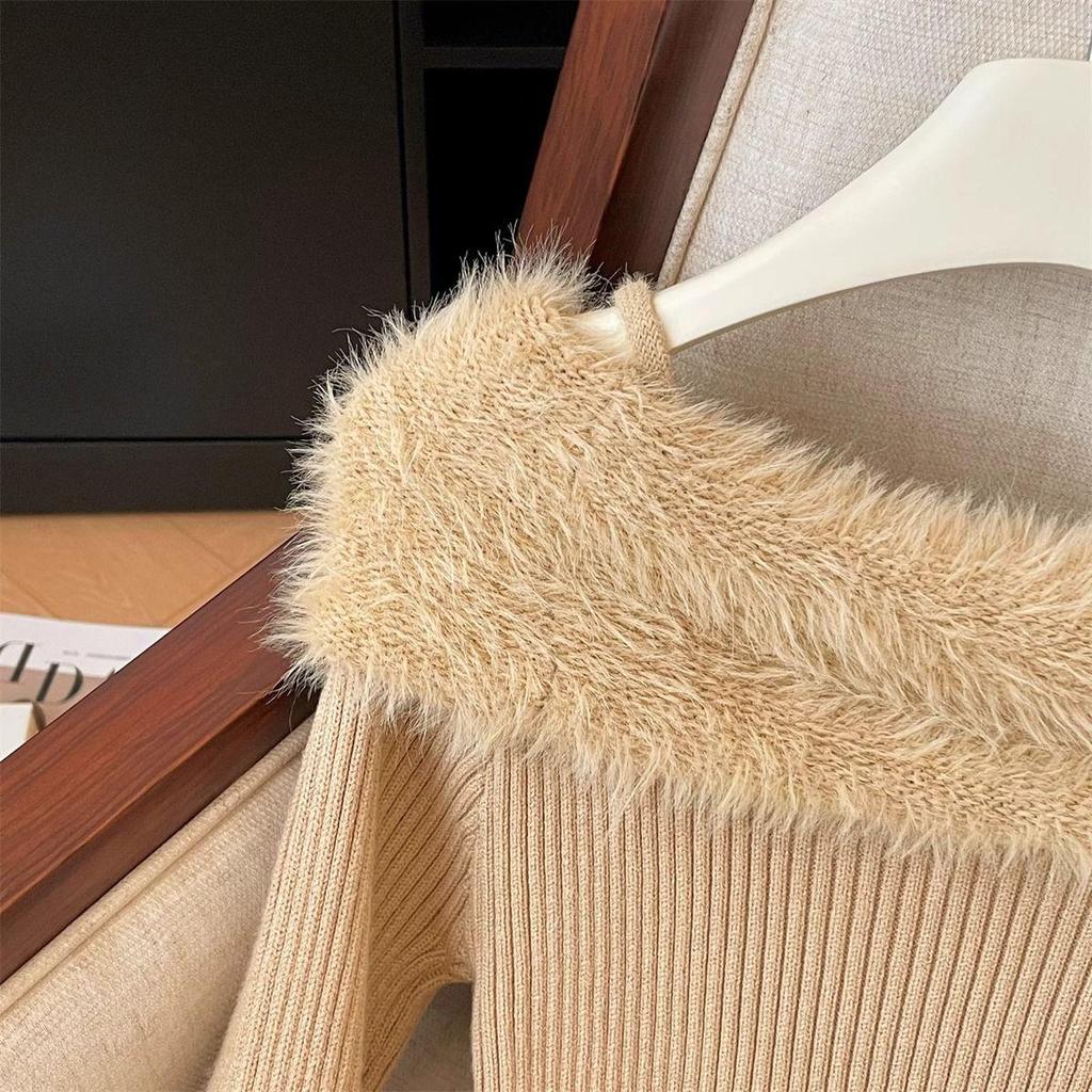 Chic French One-Shoulder Flare Sleeve Sweater Camisole for Women - Slim Fit Fuzzy Autumn/Winter Base Layer.