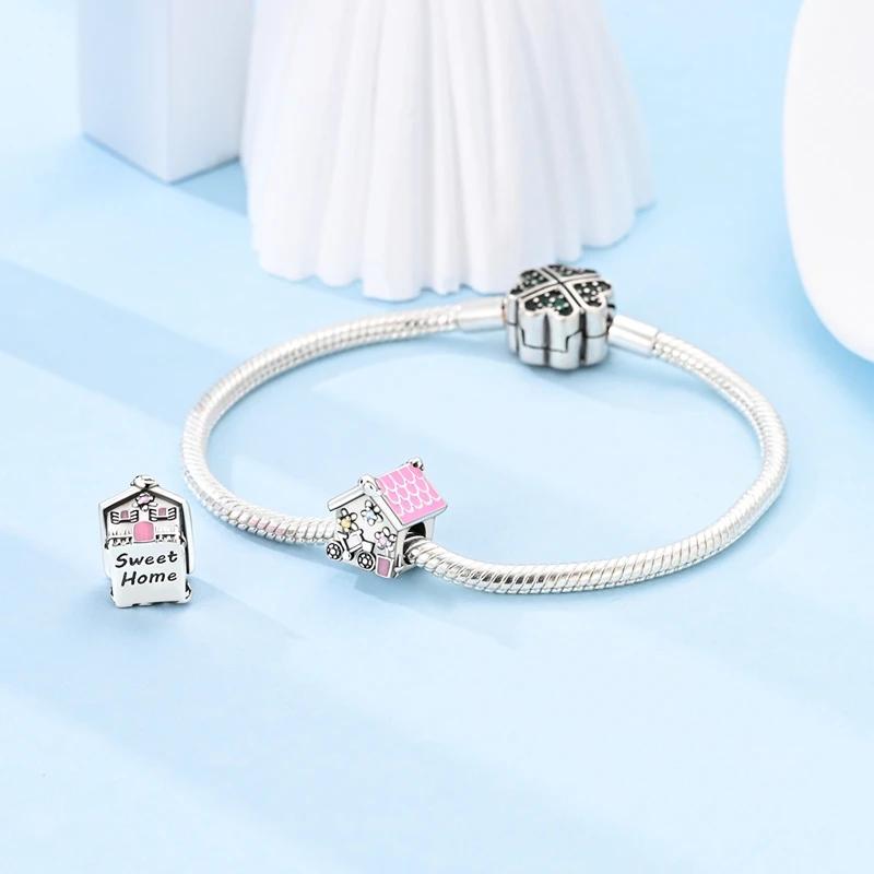 Original Charms Copper Cute Pink Sweet House Flower Beads Fit Platabracelets For Women Jewelry Making Gifts
