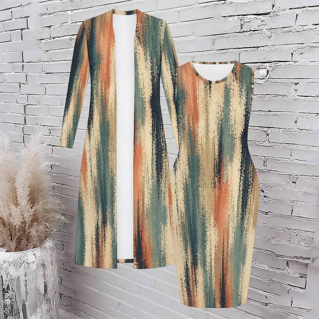Women Plus Size Printed Two Piece Set Long Sleeve Open Front Cardigan Sleeveless Bodycon Dress