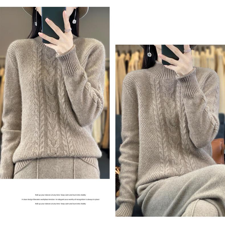 Chunky Knit Cable Wool Sweater - Half-High Neck, Textured, Elegant Autumn/Winter Outerwear