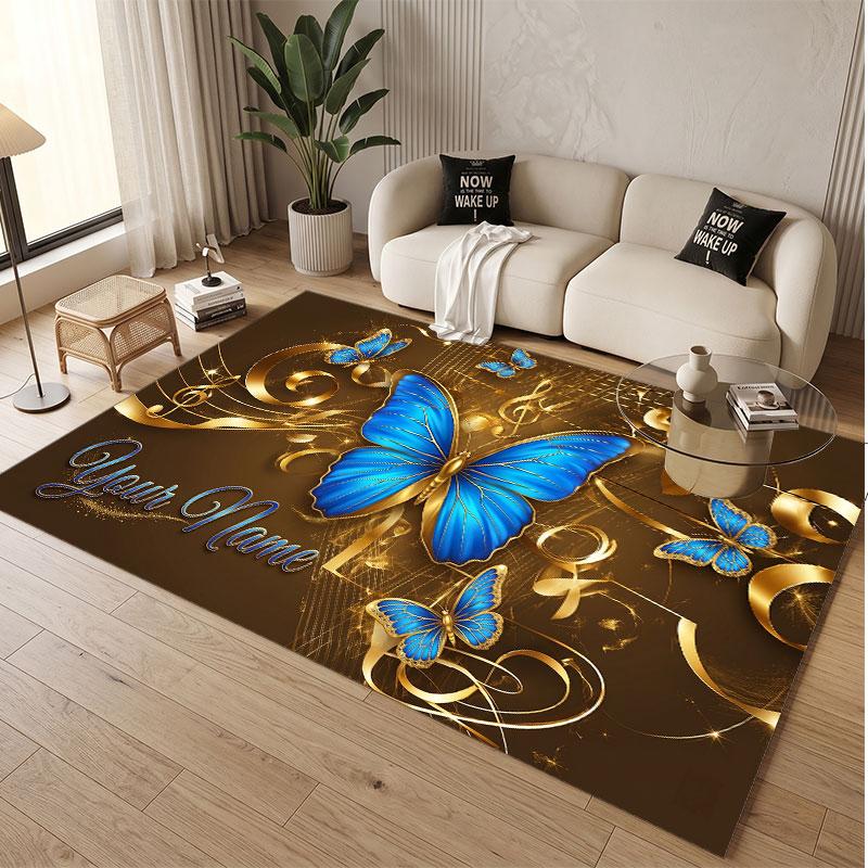 Butterfly Theme Soft Crystal Velvet Rug Custom Name & Text Print Non Slip Floor Rug for Bedroom Living Room