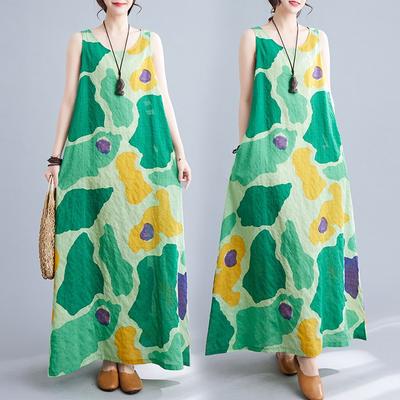Real Shot Summer Cotton and Linen Large Size Retro Literary Loose Printing Sleeveless Dress Vest Suspender Long Dress Women
