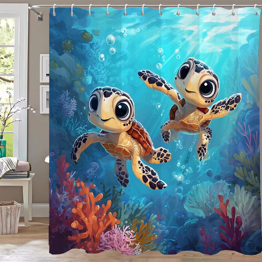 Ocean World Dolphins And Sharks Shower Curtain, Underwater World Bathroom Decorative Curtain, Printed Home Curtain With Hooks