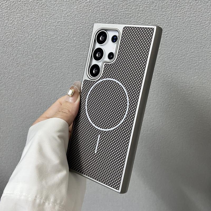 Carbon Fiber Texture Magnetic Phone Case For Samsung S25 Ultra S24 FE S23 Plus Wireless Charge Shockproof Hard PC Bumper Cover