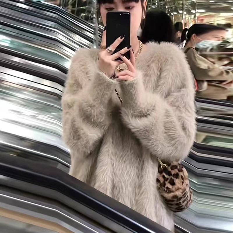 Women Autumn Winter Thick Mink Velvet Knitted Tops Female Round Neck Loose Pullover Ladies Sweaters