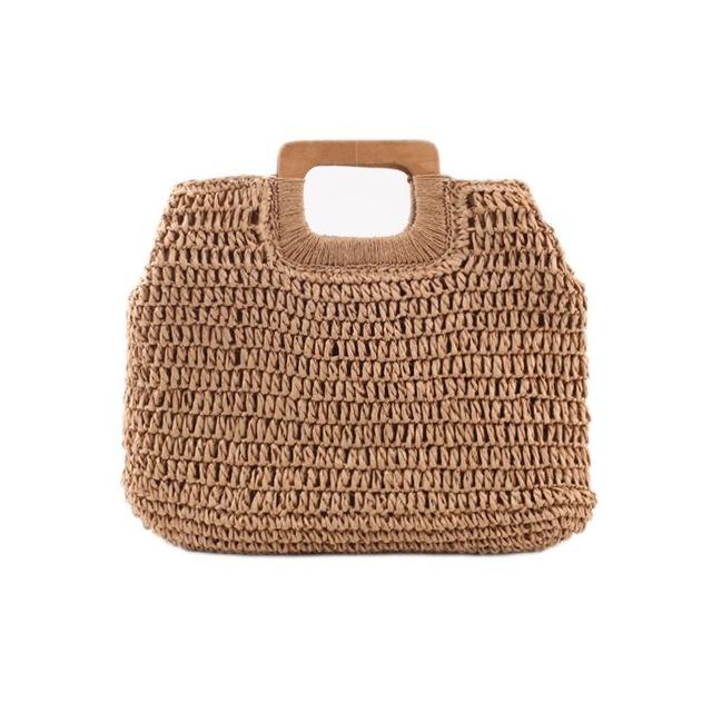 

Yogodlns Casual Large Capacity Straw Beach Bag Wooden Handle Handbag Women Handmade Woven Bag Lady Casual Purses Summer Balii 43x7x34cm