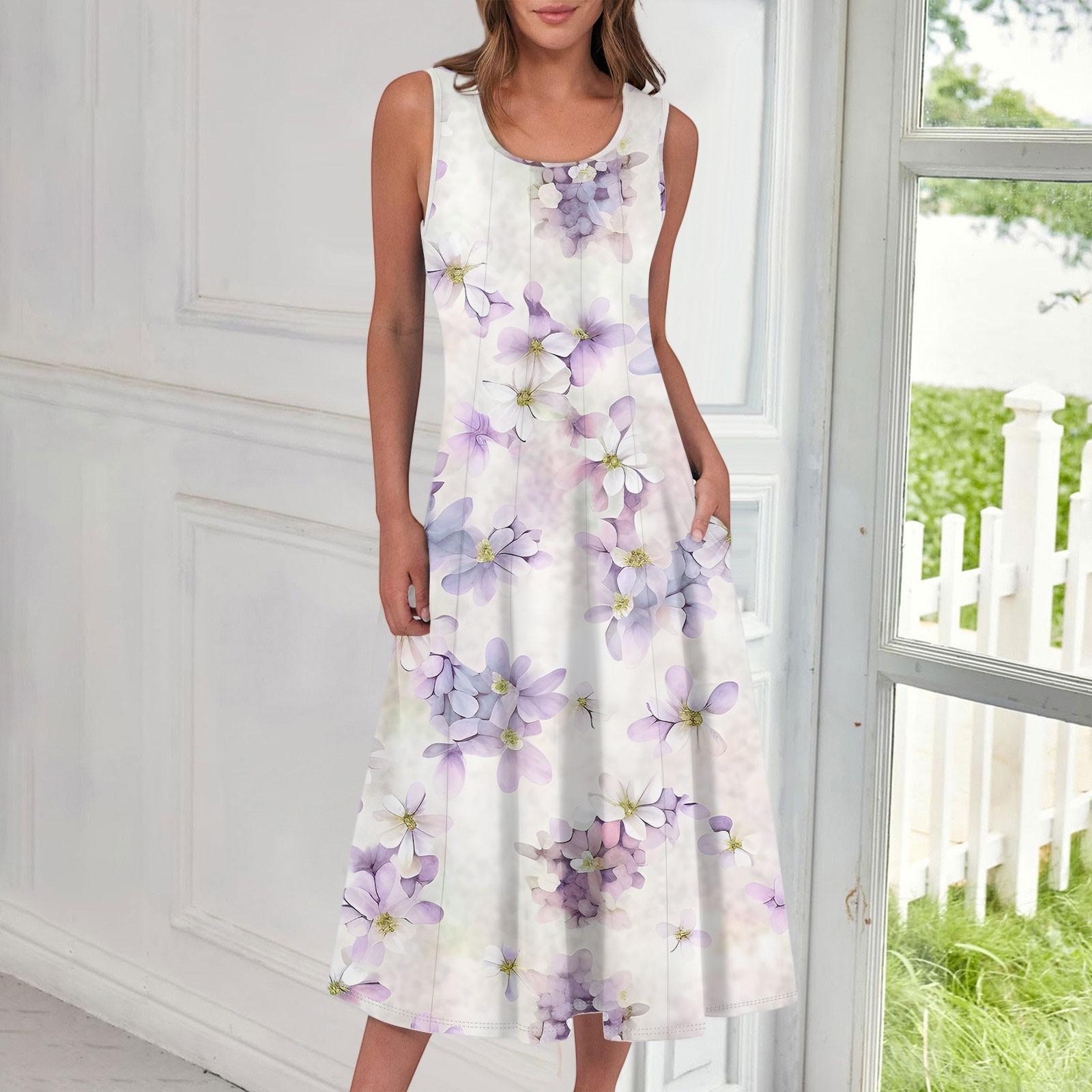 Women s Casual Fashion Floral Print Round Neck Sleeveless Midi Dress XXL