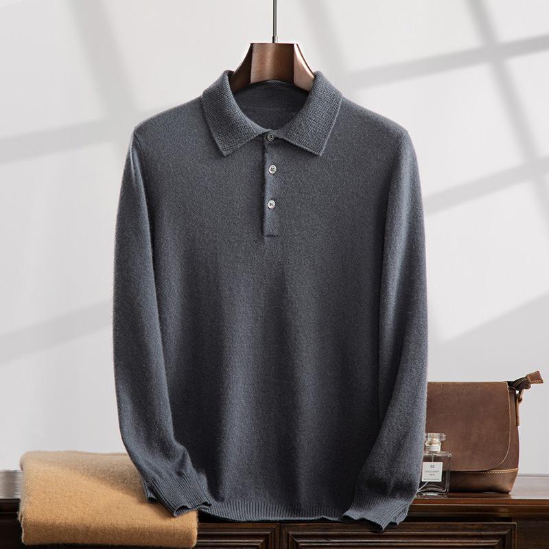 Men's Polo Collar Cashmere Knit Shirt - Autumn/Winter Business Sweater