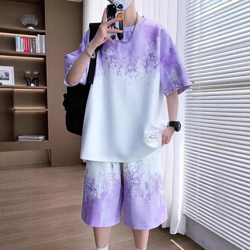 2025 Plus Size Gradient Short-Sleeve Top Set for Teen Boys - Fits Up to 8XL