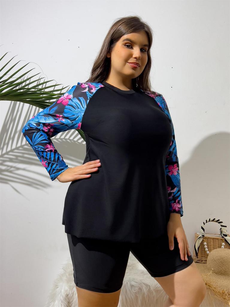 2024 Women's Plus Size Long-Sleeve Split Tankini Surf Swimsuit