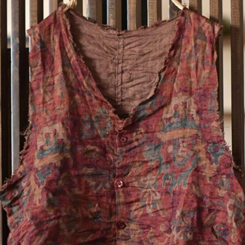 Johnature Damen Tank Tops mit Vintage-Print und Blumenmuster und Knopfleiste, V-Ausschnitt, Sommer-Tops im chinesischen Stil