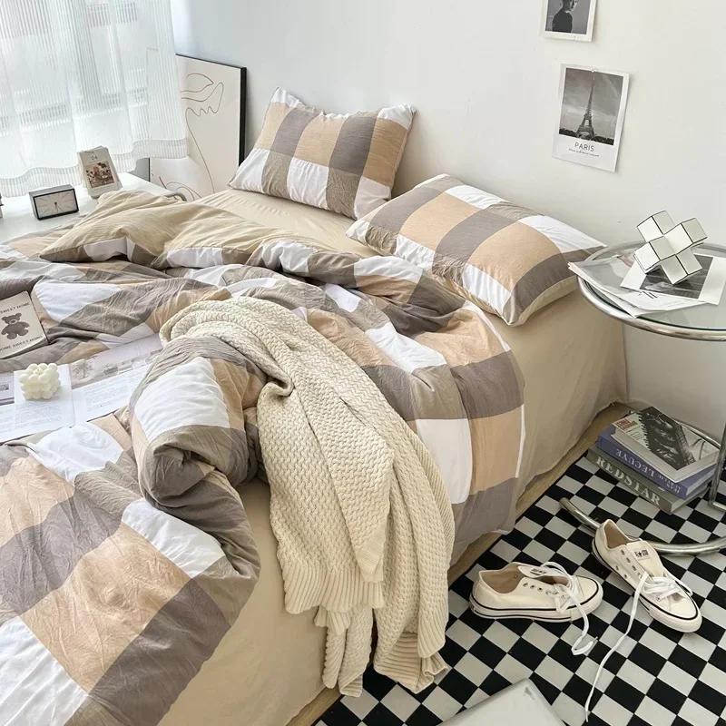 3/4PCS Striped Plaid Duvet Cover Set with Sheet 2Pillowcases Soft Skin Friendly No Filling Warm Twin Full Queen Size Bedding Set