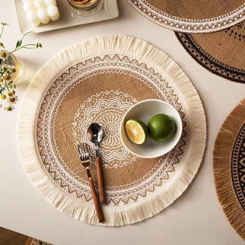 Boho Round Placemat 15 Inch Farmhouse Woven Jute Fringe TableMats with Pompom Tassel Place Mat for Dining Room INS Table Decors