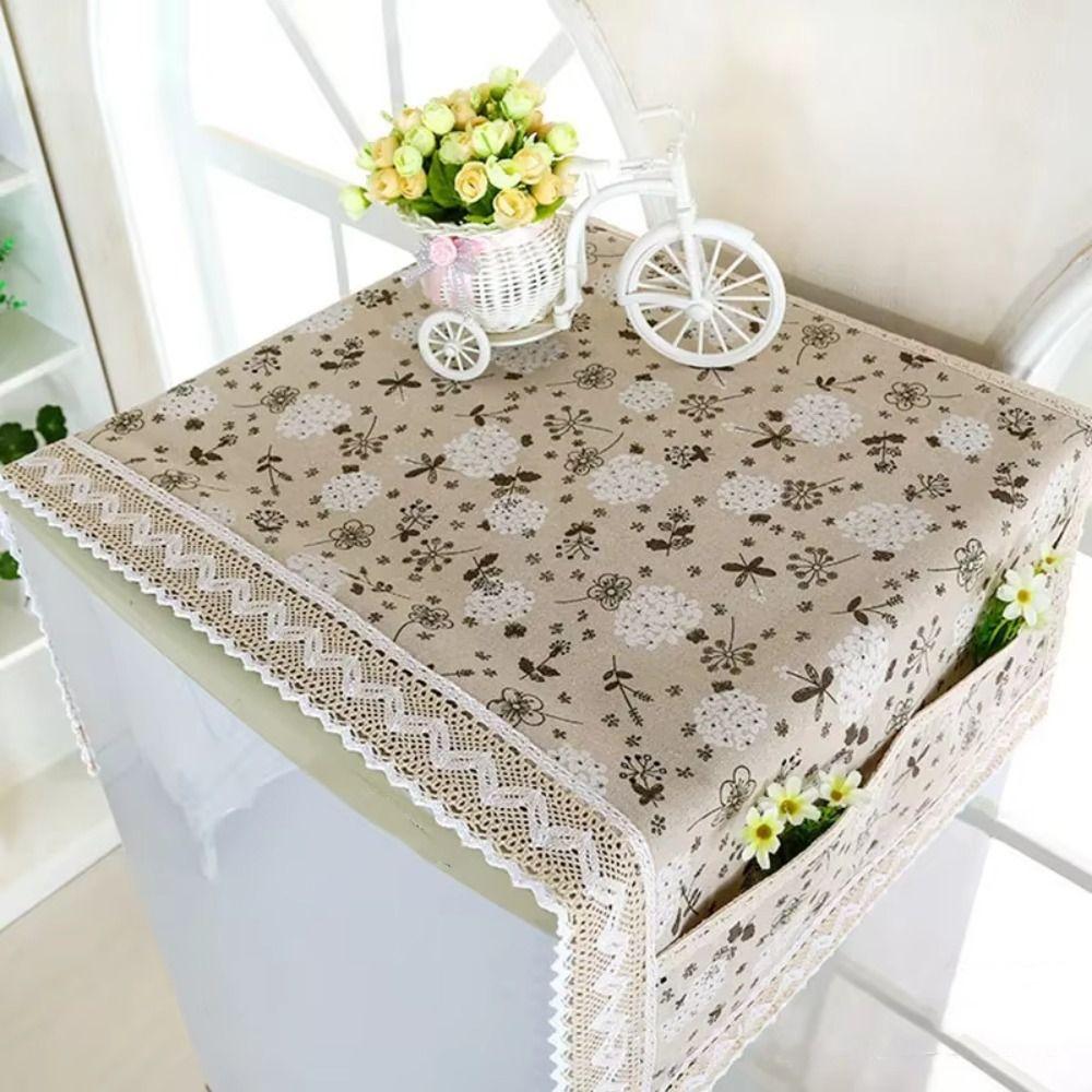 Cotton Linen Refrigerator Dust Cover with Pocket Printed French Door Refrigerator Cloth Lace Trim Fridge Protection Cover